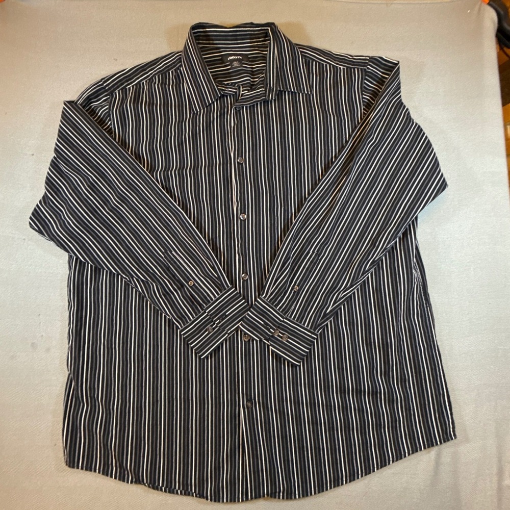Claiborne Mens 2XLT Button Down Black White Striped Long Sleeve  Cotton 2137